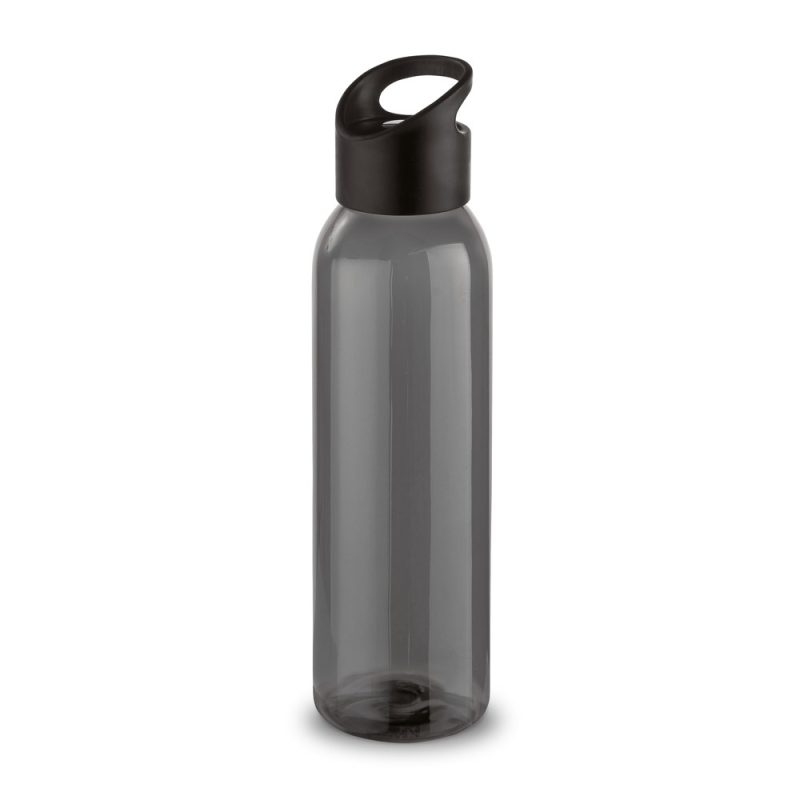 Transparent reusable water bottle with black lid.