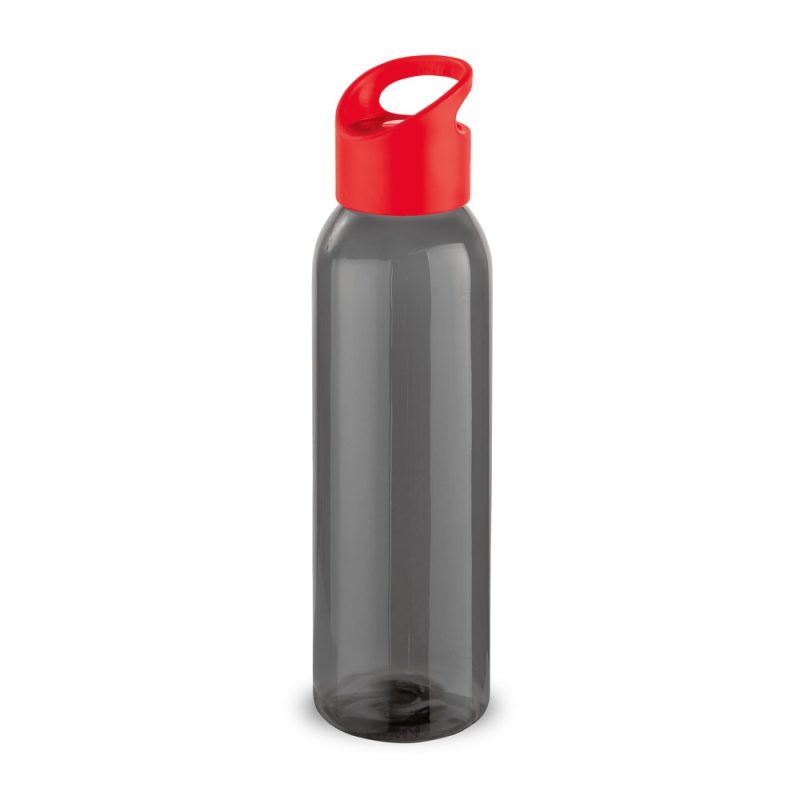 Grey water bottle with red cap.