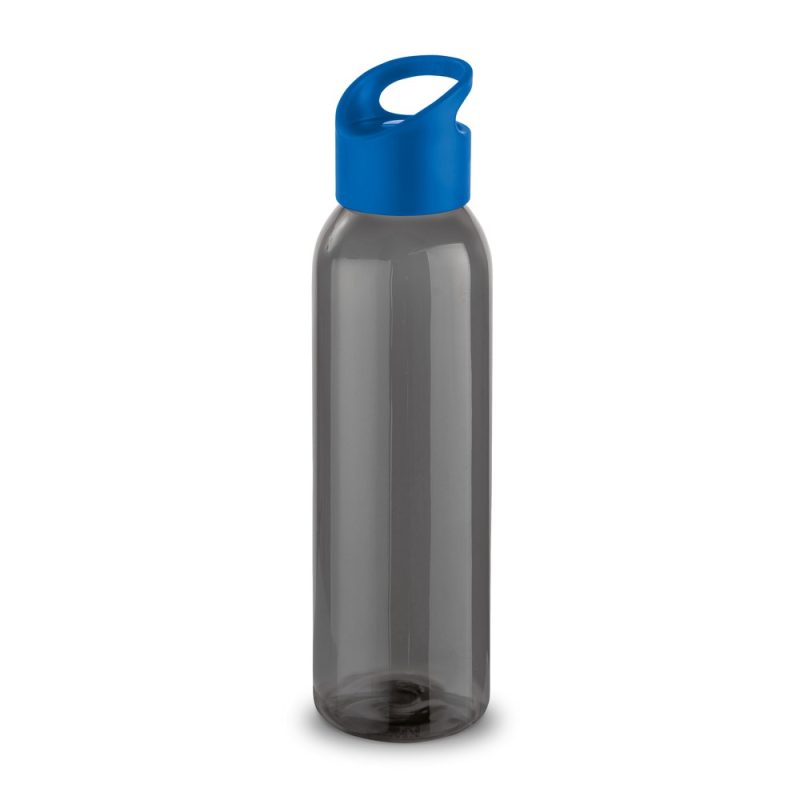 Reusable grey water bottle with blue lid.