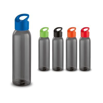 Five grey bottles with coloured lids in a row.