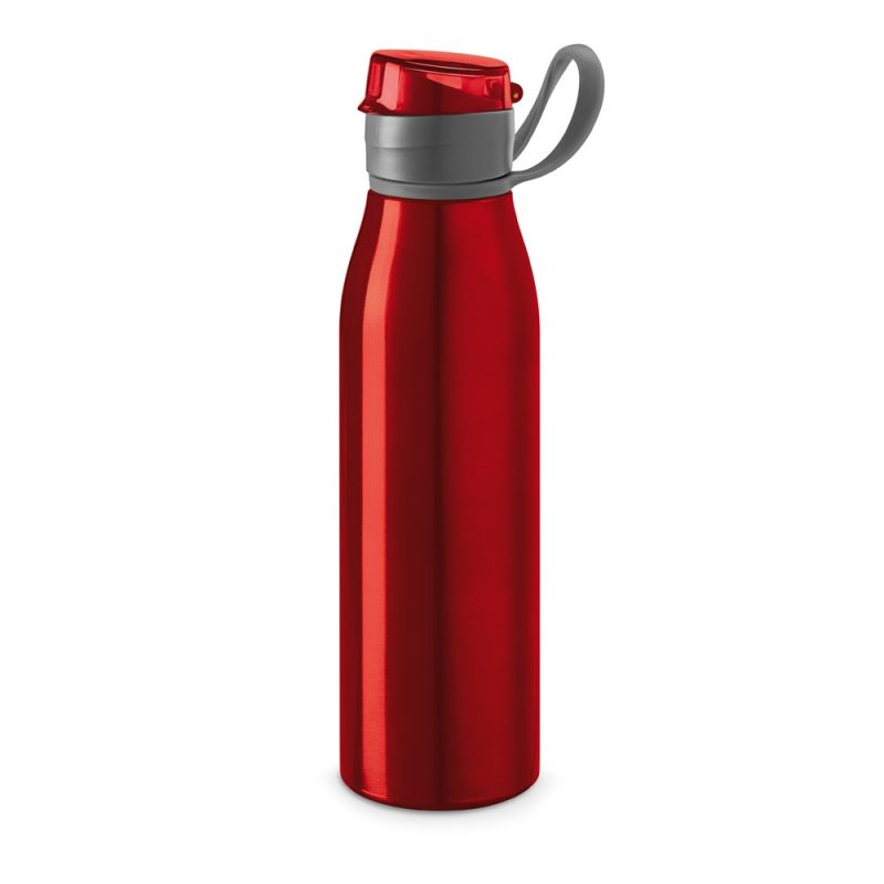 Red reusable water bottle with grey cap.