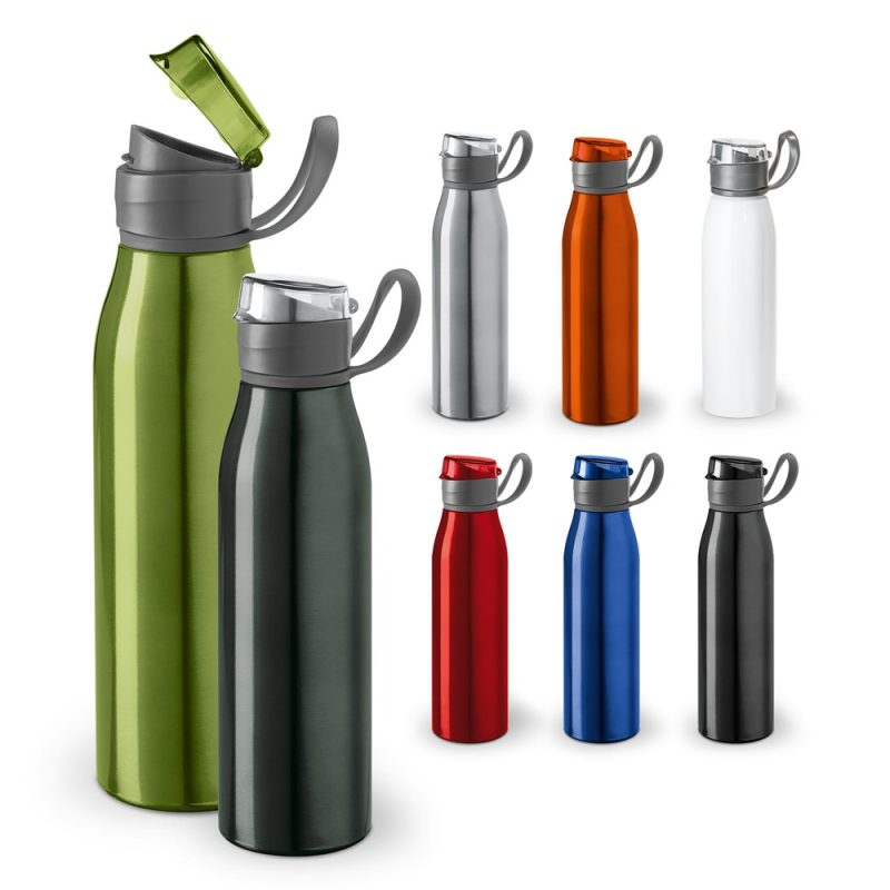 Colourful reusable water bottles with flip lids.