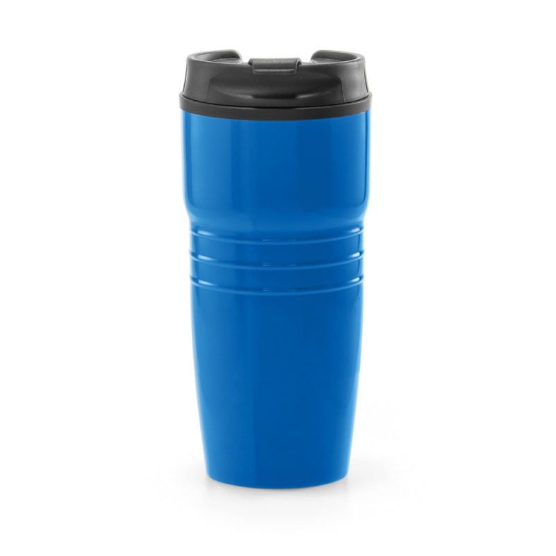 Blue thermal coffee mug with black lid.