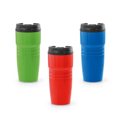 Green, red, and blue travel mugs with lids.