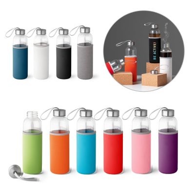 Colourful glass bottles with sleeves and lids.