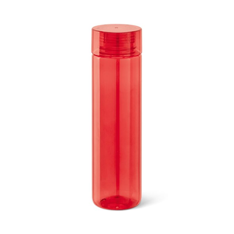Red plastic water bottle on white background.