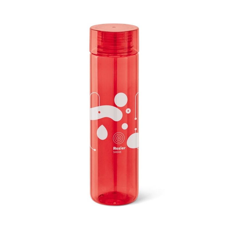 Red reusable water bottle with white design.