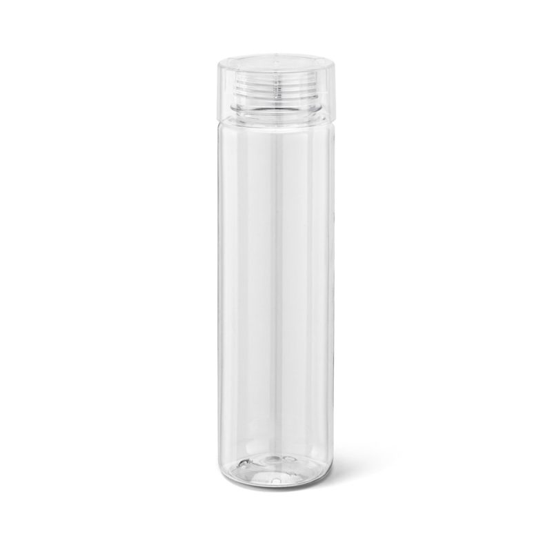 Clear plastic bottle with lid on white background.