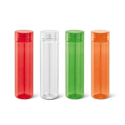 Four colourful empty plastic bottles in a row.