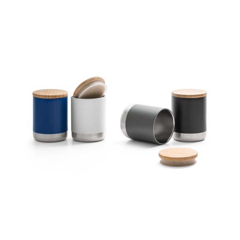 Colourful storage jars with wooden lids.