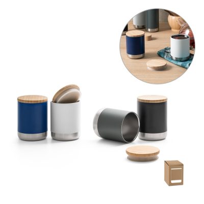 Three modern containers with wooden lids.