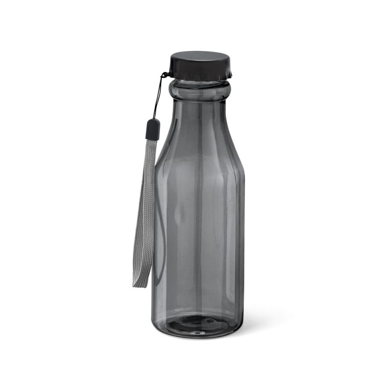 Transparent water bottle with black cap and strap.