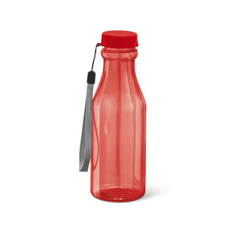 Red plastic water bottle with strap