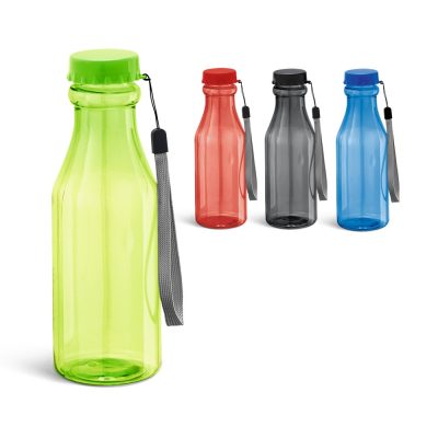 Colourful reusable water bottles with straps.