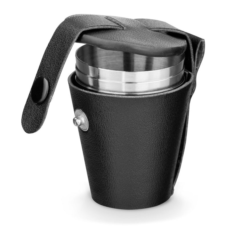 Collapsible metal cup with black leather case