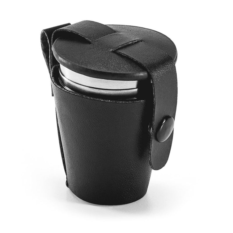 Black leather travel flask with strap.