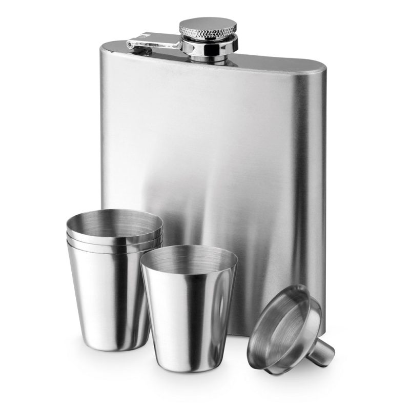 Stainless steel hip flask with cups and funnel.
