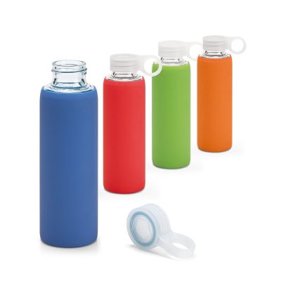 Colourful silicone glass bottles with white lids.