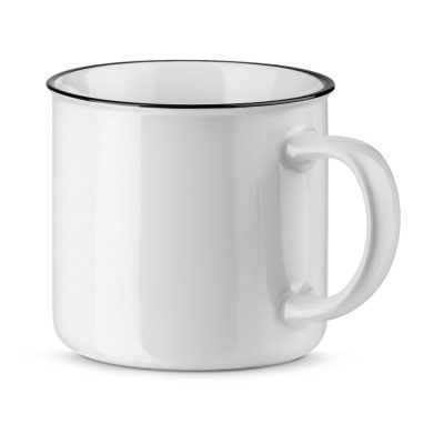 White ceramic mug with black rim