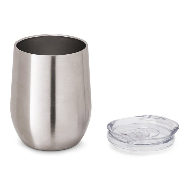 Stainless steel tumbler with transparent lid.