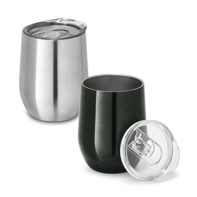 Stainless steel and black tumblers with lids.