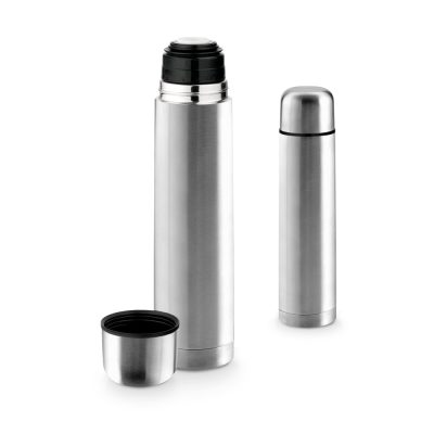 Stainless steel thermos with cup and lid.