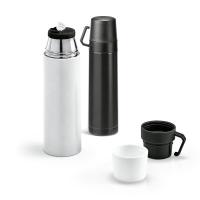 Two thermos flasks with lids and a cup.