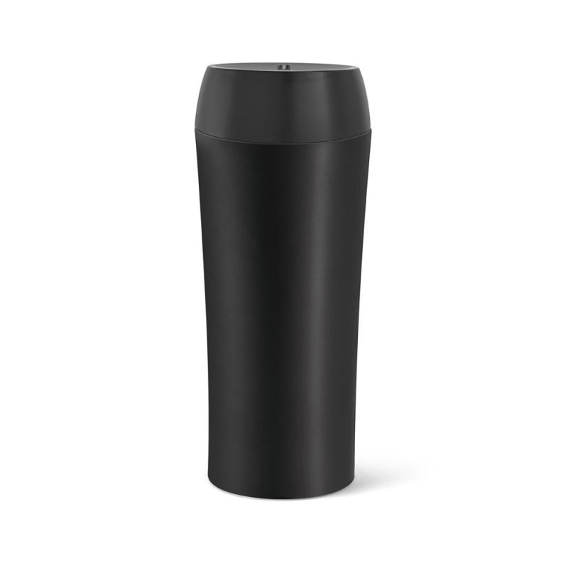 Black thermal travel mug on white background.