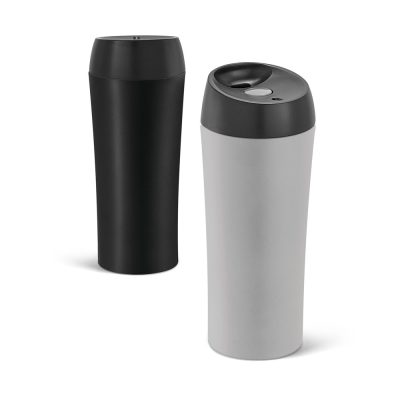 Black and grey travel mugs on white background.