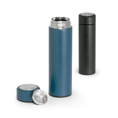 Two thermos flasks, blue and black, with removable lids.