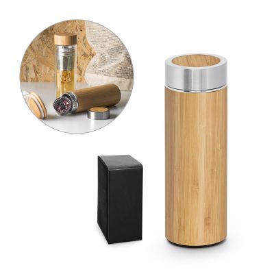 Bamboo tea infuser with black gift box packaging.