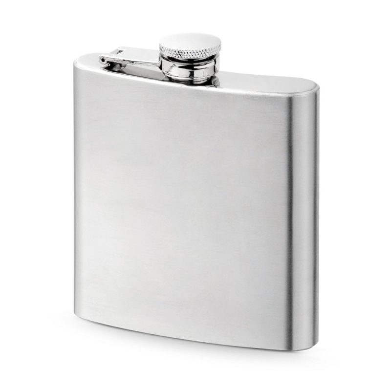 Stainless steel hip flask isolated on white background.
