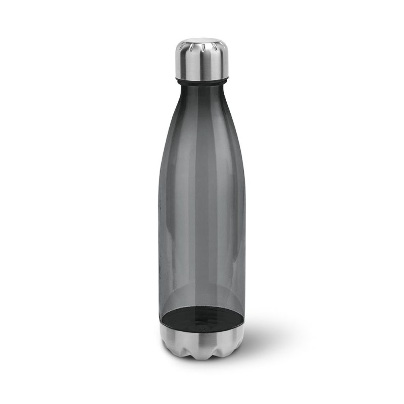 Stainless steel reusable water bottle on white background.