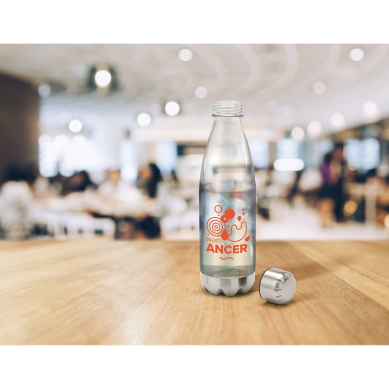 Ancer bottled water on wooden table indoors.