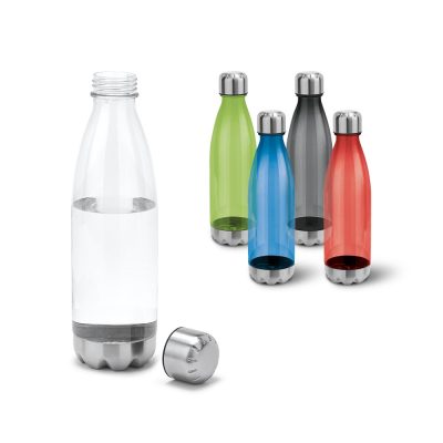 Five colourful reusable water bottles with metal caps.