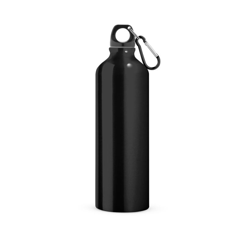 Black metal water bottle with carabiner clip.