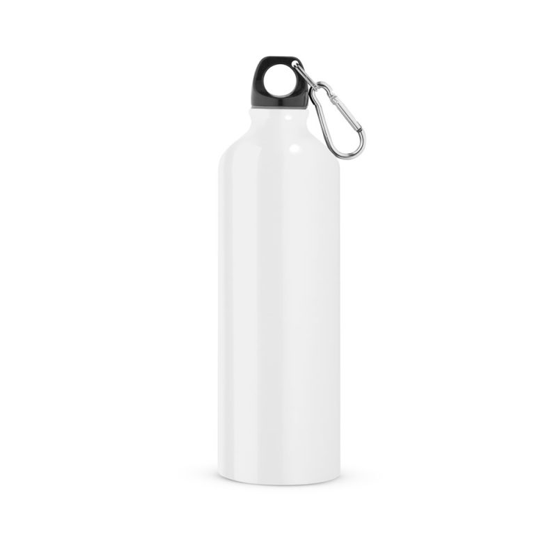 Reusable white water bottle with black cap.