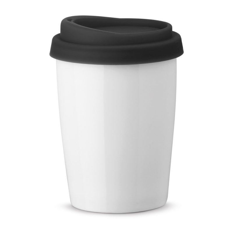 White reusable coffee cup with black lid