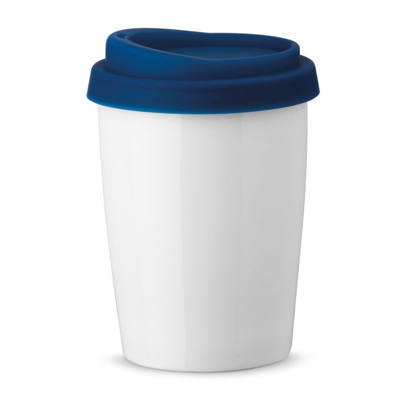 White travel mug with blue lid.