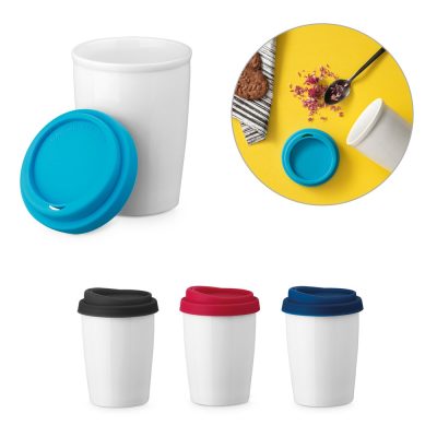 Reusable coffee cups with colourful silicone lids.