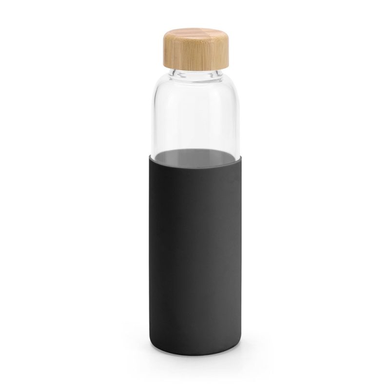 Glass water bottle with black silicone sleeve.