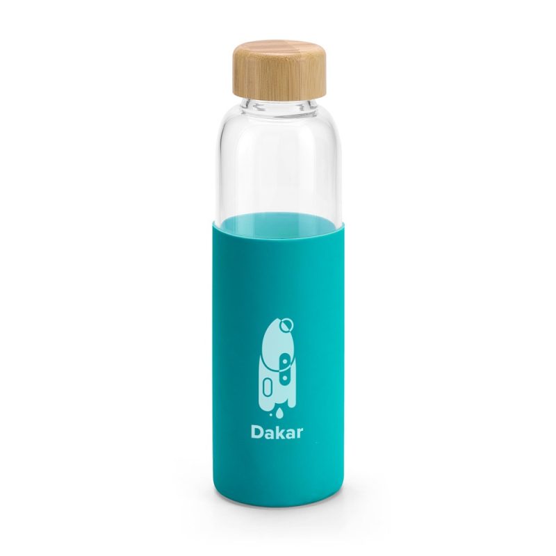 Glass water bottle with blue silicone sleeve.