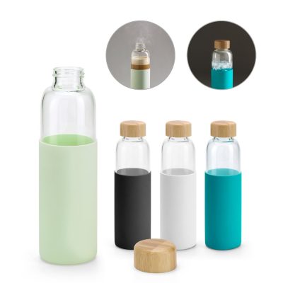 Glass bottles with bamboo lids, colourful sleeves.