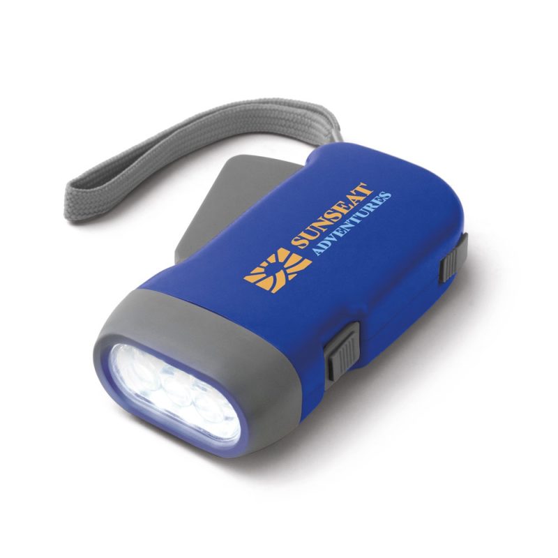 Blue LED torch with hand crank and lanyard