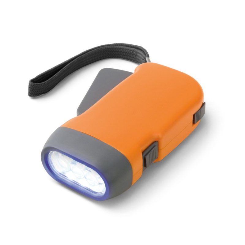 Orange hand-crank LED torch with strap