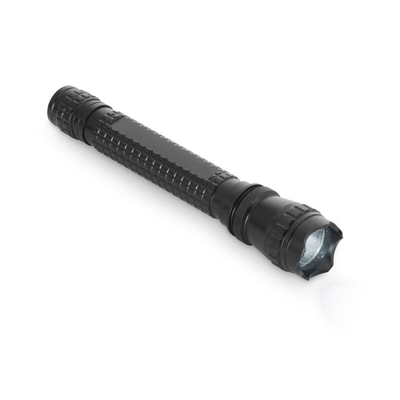 Black torch with textured handle on white background.
