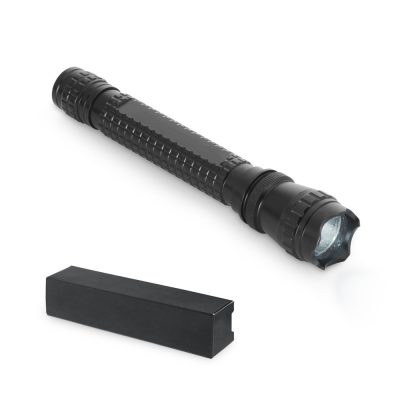 Black flashlight and detachable baton on white background.