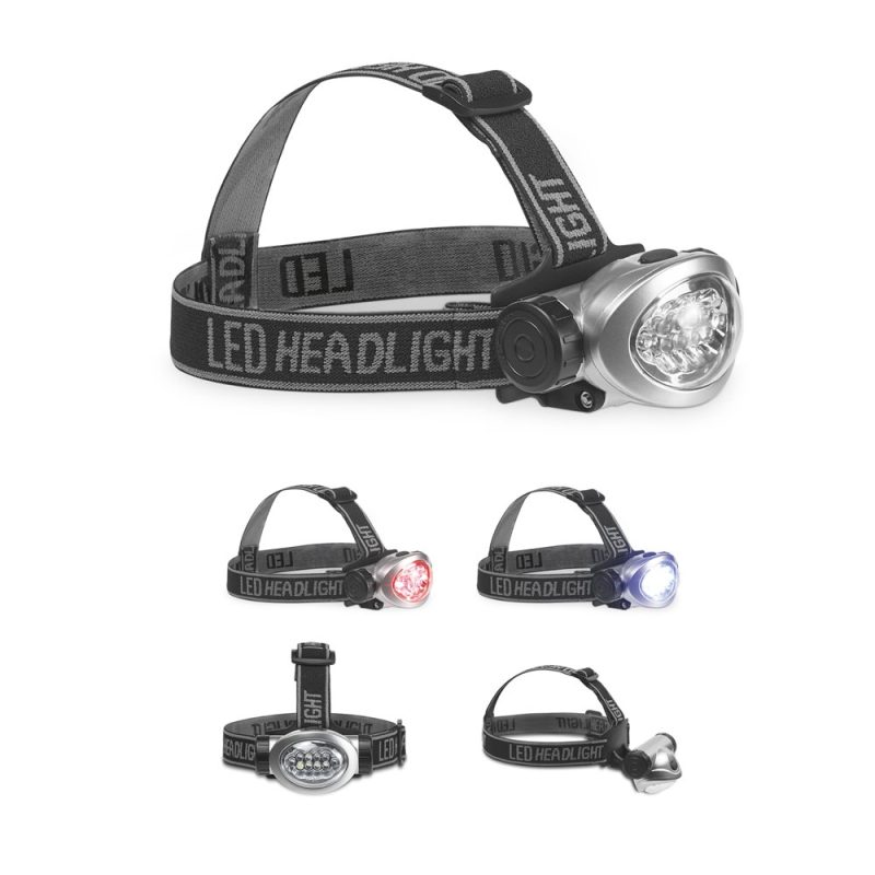 LED headlamp with multiple light settings and strap.