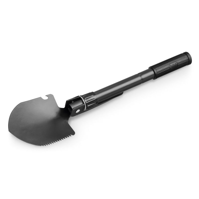 Black folding shovel with serrated edge and handle.