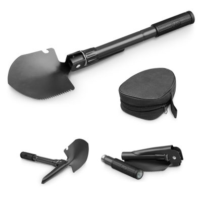 Folding shovel set with case and flashlight.